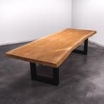 Boomstamtafel, Eettafel 300x115 massief hardhout, metaalpoot, Huis en Inrichting, Tafels | Eettafels, Overige houtsoorten, Robuust Modern