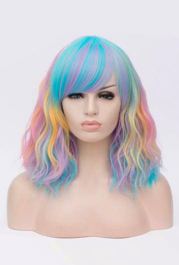 Luxe Pastel Regenboog Pruik Schouderlengte Schuine Pony Krul, Ophalen of Verzenden