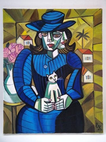Elena Khmeleva - Dame en bleu avec un chat