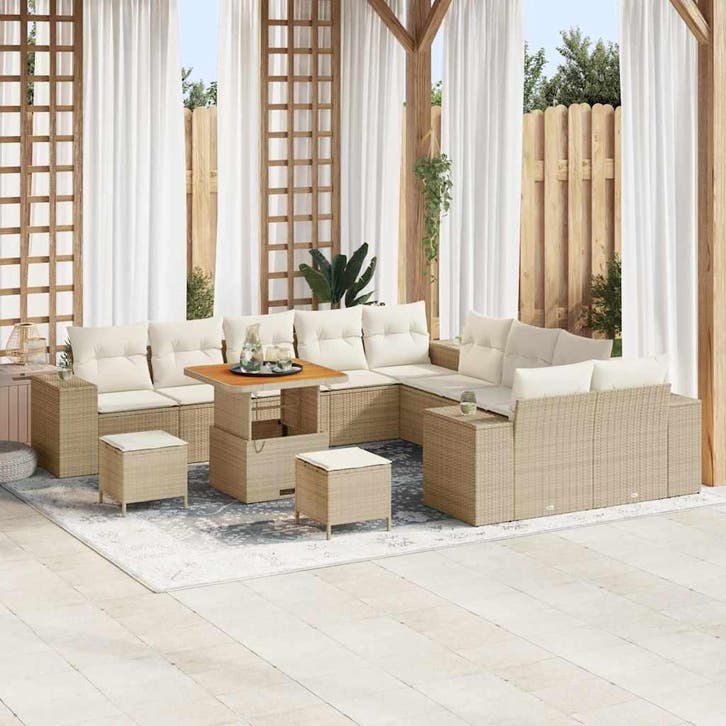 vidaXL Tuinbank Set met kussen 13 pcs Beige en Crème poly, Jardin & Terrasse, Ensembles de jardin, Envoi