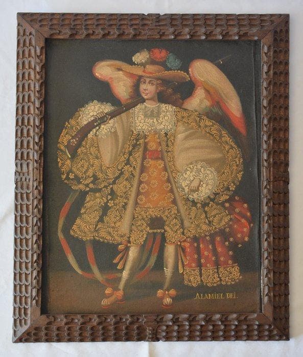 Escuela peruana (XX) - Arcángel Arcabucero - Alamiel Dei, Antiek en Kunst, Kunst | Schilderijen | Klassiek