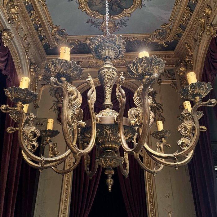Kroonluchter - Antiek in massief brons, 10 lichten,, Antiek en Kunst, Antiek | Verlichting