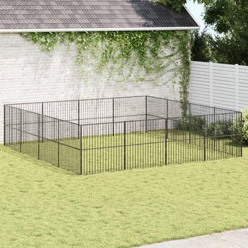 vidaXL Hondenkennel 16 panelen gepoedercoat staal zwart, Verzenden, Nieuw