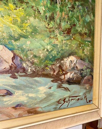 E. Szyttniuk (XX) - Grande paesaggio alpino con torrente e