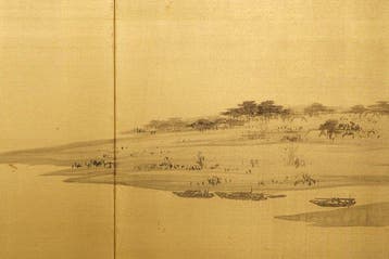 Byôbu  (vouwscherm) - Gelakt hout, gouden zijde, papier -