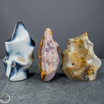 Spectaculair Orca-agaat vlammen-set met roze amethist – drie
