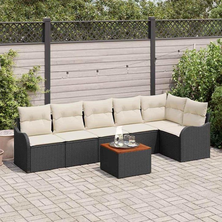 vidaXL Tuinbank Set met kussen 7 pcs Zwart poly rattan, Tuin en Terras, Tuinsets en Loungesets, Nieuw, Verzenden