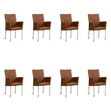 Set van 8 Leren eetkamerstoelen Comfort met wieltjes en, Ophalen of Verzenden