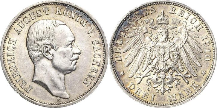 3 Mark 1910 Sachsen Friedrich August Iii 1904-1918, Timbres & Monnaies, Monnaies | Europe | Monnaies non-euro, Envoi