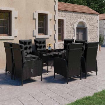 vidaXL 9-delige Tuinset poly rattan en glas zwart, Tuin en Terras, Verzenden, Nieuw, Tuinset