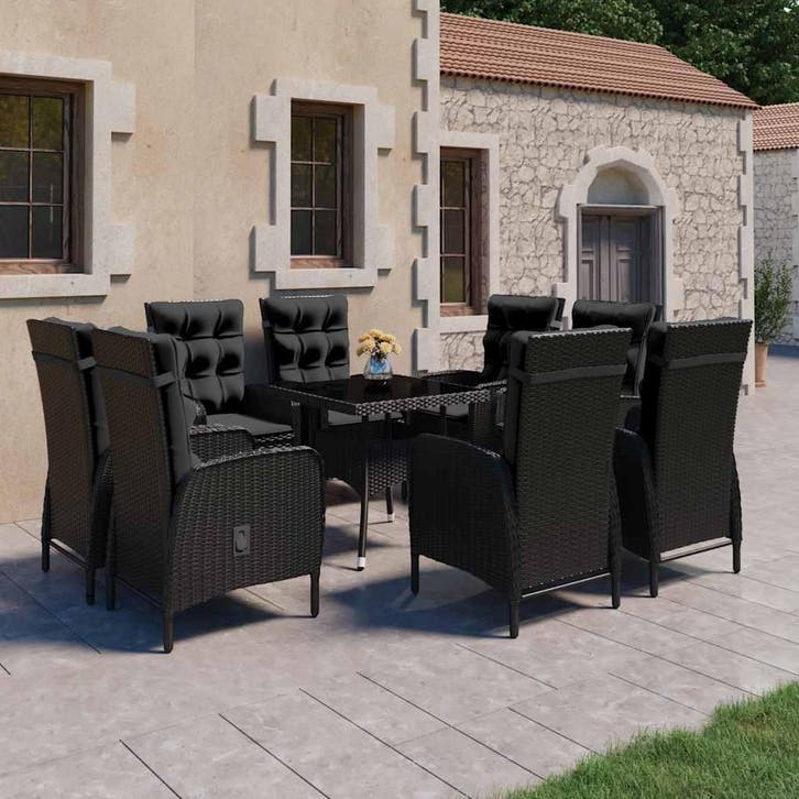 vidaXL 9-delige Tuinset poly rattan en glas zwart, Tuin en Terras, Tuinsets en Loungesets, Tuinset, Nieuw, Verzenden