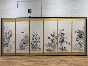 Kamerscherm - Hout, Textiel, Papier, Grote Japanse zesdelige