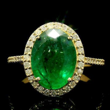 Bague - 14 carats Or jaune - 3.46ct. tw. Émeraude - Diamant
