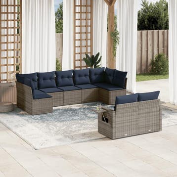 vidaXL 9-delige tuinbankset met kussens, grijs polyrotan, Verzenden, Nieuw