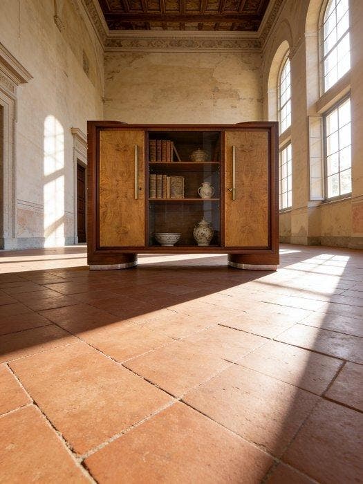 Buffet - Noyer, Laiton, Bois, Ronce de noyer, Verre, Antiek en Kunst, Kunst | Designobjecten