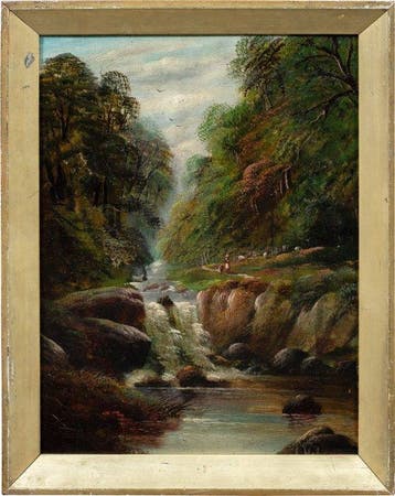 British school (XIX-XX) - Wooded landscape with waterfall,