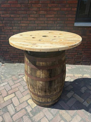 Whiskyvat 190L statafel - bartafel met (gebruikt) haspelblad, Huis en Inrichting, Tafels | Statafels, Ophalen of Verzenden, Nieuw