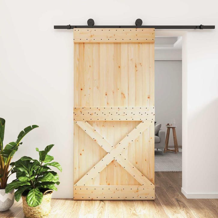 vidaXL Schuifdeur Naturel en Zwart 100 x 210 cm Massief Pine, Doe-het-zelf en Bouw, Deuren en Vliegenramen, Nieuw, Verzenden
