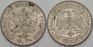 Fuenf Reichsmark 1927 F KursMunt Weimarer Republik Weimar..., Verzenden