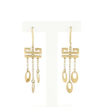 Gouden oorbellen met meander en losse bedels met zirconia, Handtassen en Accessoires, Oorbellen, Gebruikt, Ophalen of Verzenden