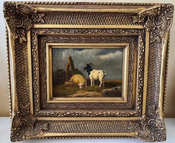 École européenne (XIX) - Scena Pastorale con Pecora e Capra, Antiek en Kunst