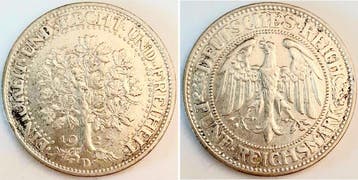 Duitsland 5 Reichsmark 1927 D Eichbaum vz, kl Randfehler..., Verzenden