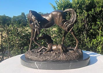 sculptuur, Bronzen beeld merrie en veulen - 25 cm - brons