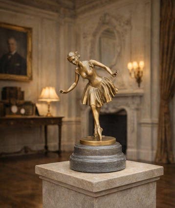 Statue, Large Bronze Lady in Dress - 38 cm - Bronze, Marbre