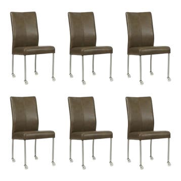 Set van 6 Leren eetkamerstoelen Comfort met wieltjes -, Ophalen of Verzenden