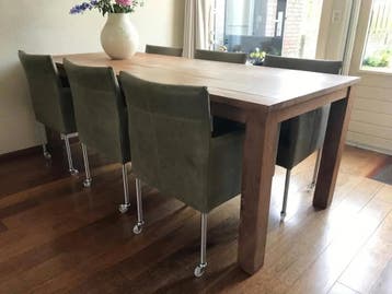 Set van 6 groene leren kuip eetkamerstoelen met wielen, Ophalen of Verzenden, Nieuw, Eén