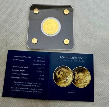 Tsjaad. 3000 Francs Panda 2020 , oro 1/500 Oz (.999) (Zonder