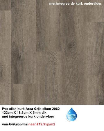 Pvc click kurk 5 X kleur met integreerde ondervloer €19,95m2, Verzenden, 75 m² of meer, Grijs, Nieuw