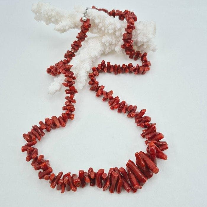 Bloedkoraal - Zilver - Halsketting - CORALLO MEDITERRANEO, Antiek en Kunst, Curiosa en Brocante