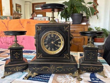 Horloge et parure de cheminée (3) - Vintage Marbre, Laiton,