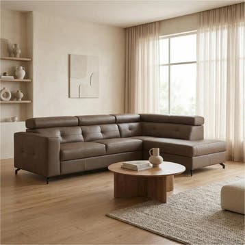 Leren hoekbank Nova - 2.5-zits arm links + Longchair arm, 250 tot 300 cm, Bohemian, Industrieel, Modern, Scandinavisch, Nieuw