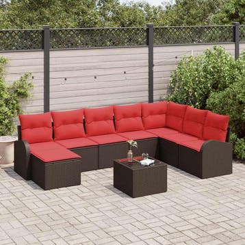 vidaXL Tuinbank Set met kussen 9 pcs Bruin Poly Riet, Verzenden, Nieuw