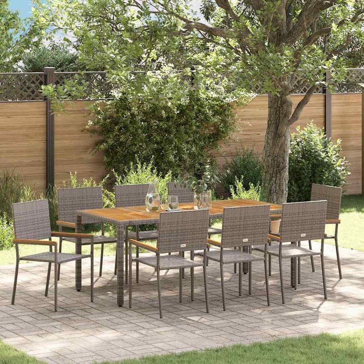 vidaXL Tuin Eettafel Set 9 pcs Grijs poly rattan, Tuin en Terras, Tuinstoelen, Nieuw, Verzenden