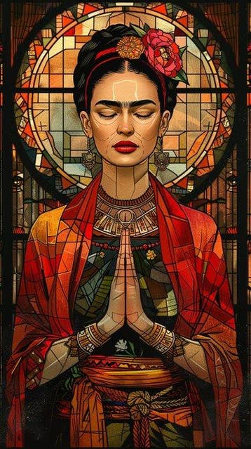 CREATIVE_HUB - Vertical red Frida Khalo Praying ion stained