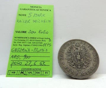 Allemagne, Prusse Kaiser Wilhelm. 5 Mark 1875 B (Sans prix