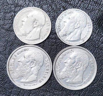 Belgique. Léopold II. 1, 2 Francs 1909, Lot de 4 pièces en