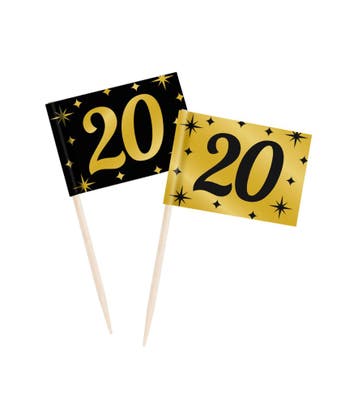 Goud Zwarte Cocktailprikkers 20 Jaar 6,5cm, Verzenden, Nieuw