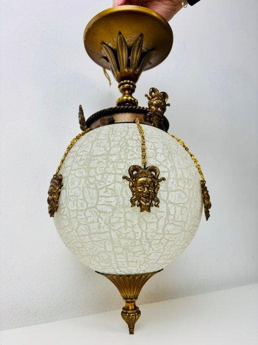 Lamp - Art Deco Hanglamp met Groteske Maskers en Craquelé, Antiek en Kunst, Curiosa en Brocante