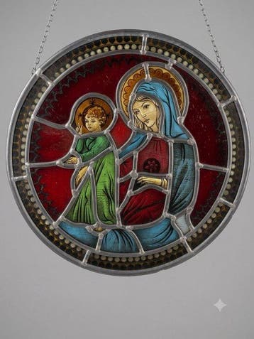 Rond glazen venster – Madonna met Kind - 33 cm - Antiek -