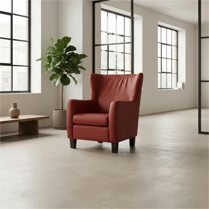 Leren fauteuil Hug - Hermes Red (rood) - Poten hout zwart, Huis en Inrichting, Fauteuils, 75 tot 100 cm, 75 tot 100 cm, Nieuw