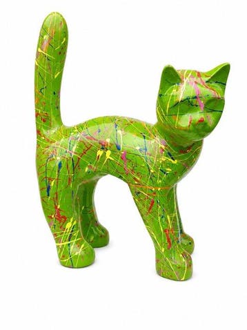 Beeld, garden statue cat color green with paint color - 31