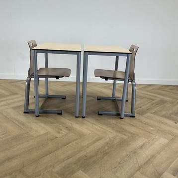 complete schoolset van 8 stoelen + 8 tafels, ahorn - grijs