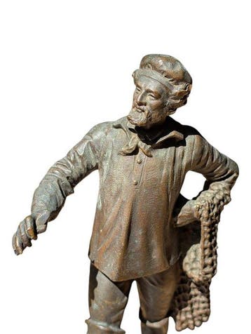 Beeld, Antique Bronze Pair Of Fishers - 17 cm - Brons