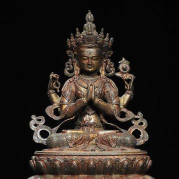 Beeld, Four-armed Avalokiteshvara bronze statue of Tibetan, Antiquités & Art