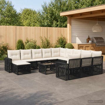 vidaXL Tuinbank Set 13 st Zwart en Crème Wit poly rattan, Tuin en Terras, Verzenden, Nieuw