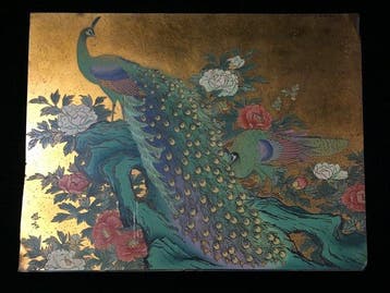 Fine Japanese Golden Metal Art Panel - Peacocks and Peonies